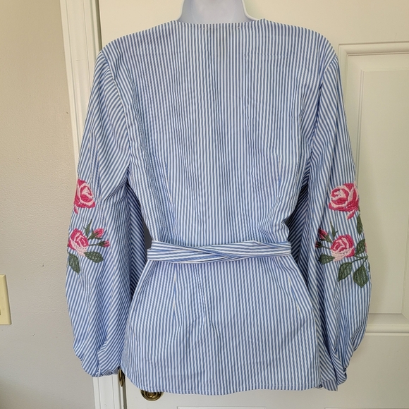 INC International Concepts Blue Striped Pink Floral Balloon Sleeve Blouse Medium - Picture 5 of 12